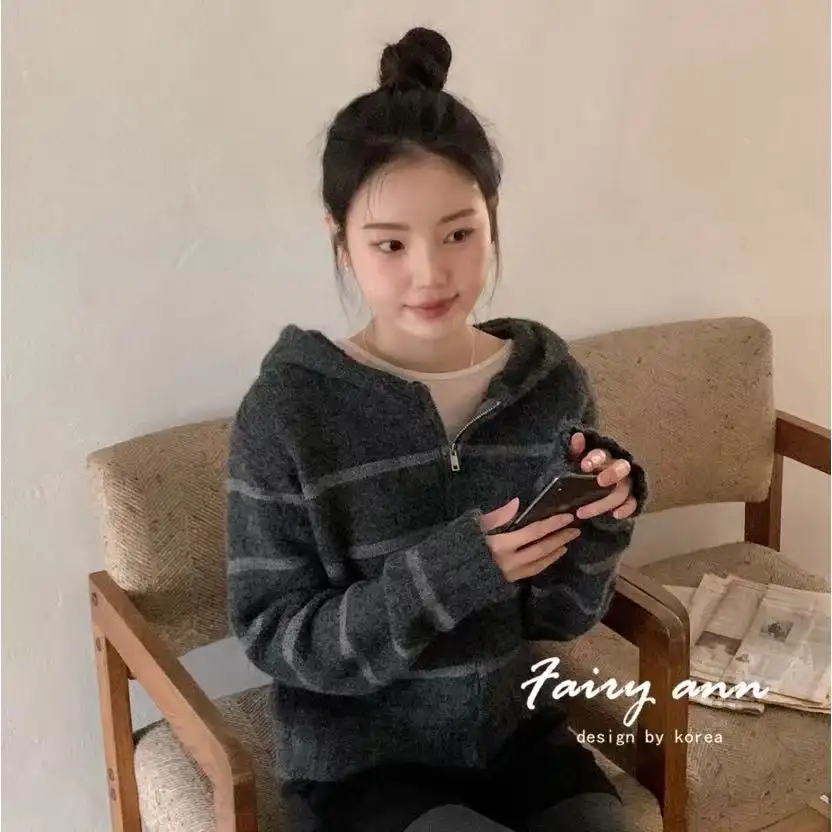 배색 후드 니트 카디건 상세 이미지 5