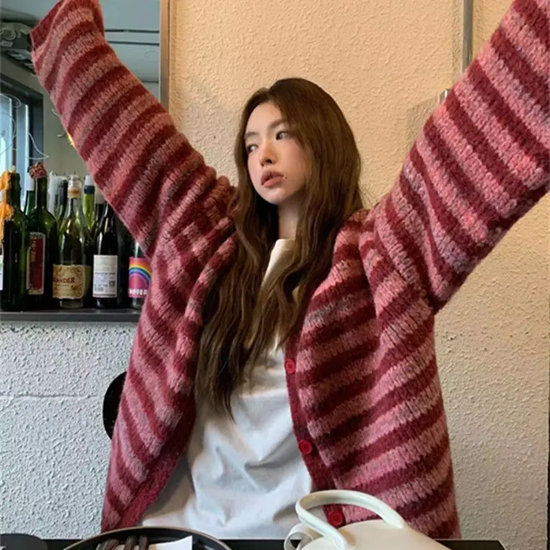 배색 스트라이프 V넥 카디건 니트 상세 이미지 4