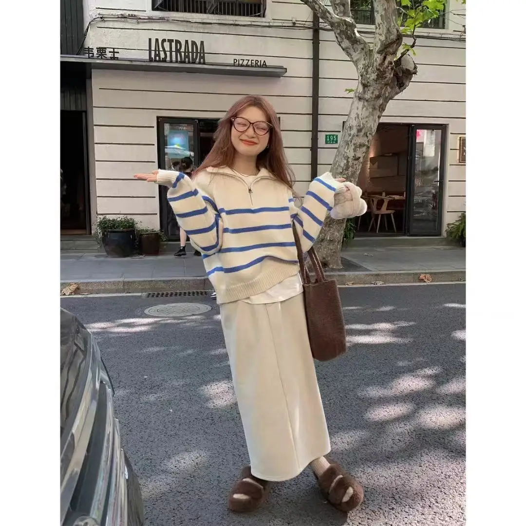 스트라이프 라쿤 퍼 하프 집업 폴드 칼라 니트 상세 이미지 4