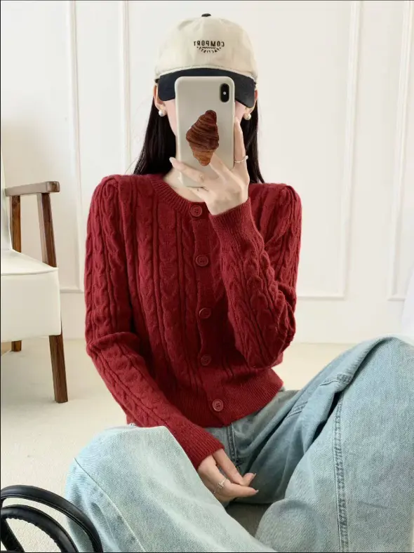 카멜 캐시미어풍 니트 카디건 상세 이미지 1
