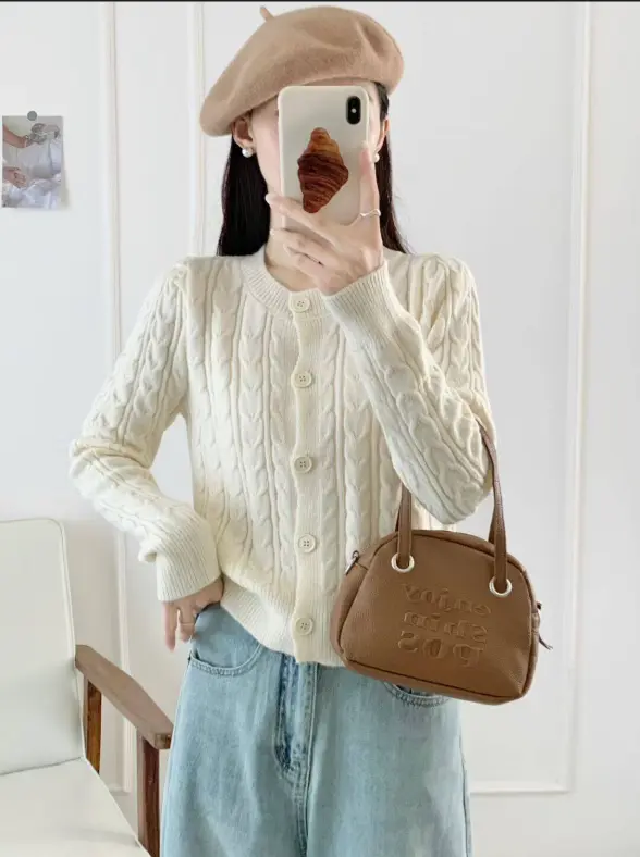 카멜 캐시미어풍 니트 카디건 상세 이미지 3