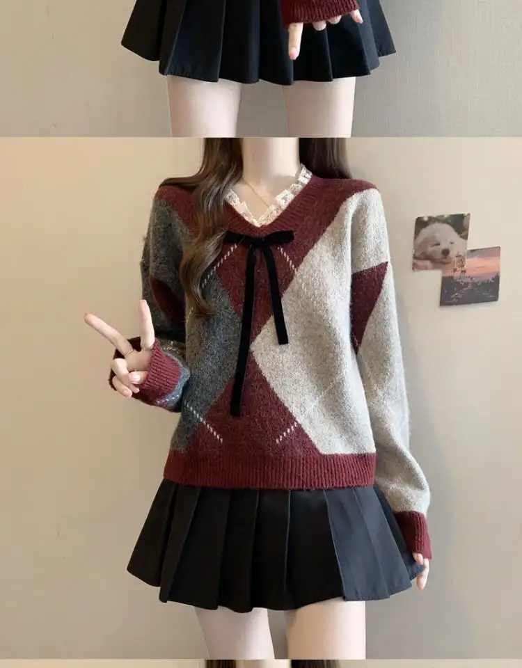 레이스 배색 V넥 퀼팅 니트 상세 이미지 5