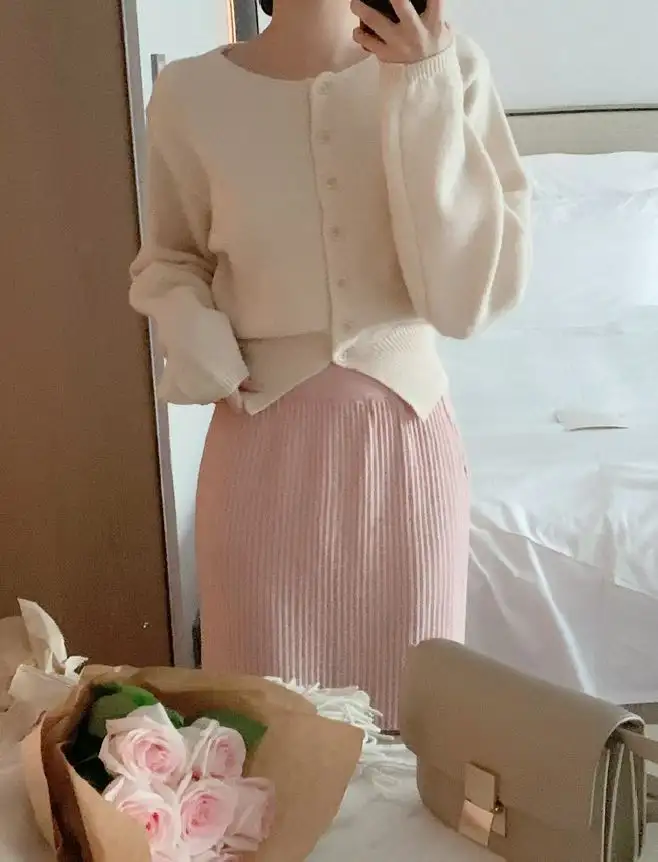 프랑스풍 심플 라운드넥 단추 장식 긴소매 니트 카디건 상세 이미지 2