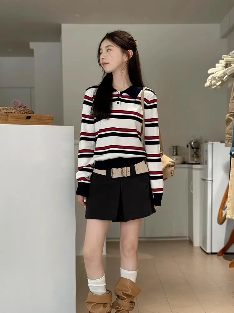 스트라이프 폴드 칼라 긴소매 니트 상세 이미지 3