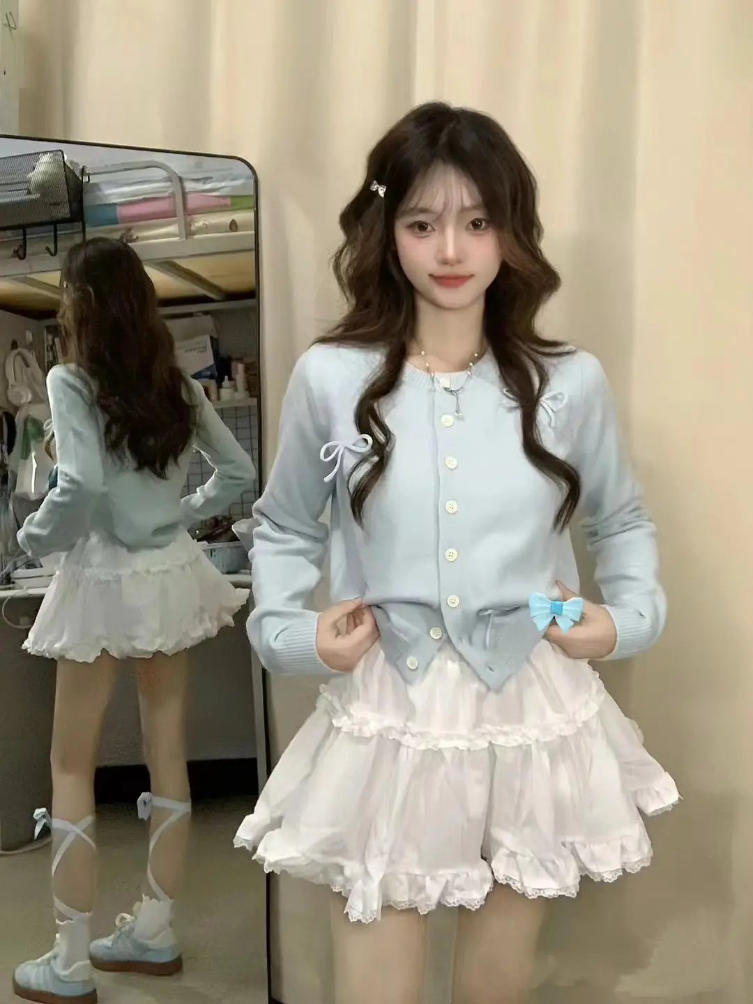 리본 디테일 발레풍 니트 카디건 상세 이미지 3