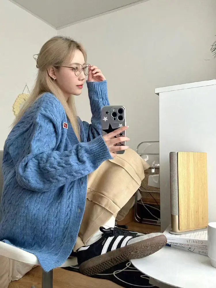 빈티지 케이블 V넥 니트 카디건 상세 이미지 3