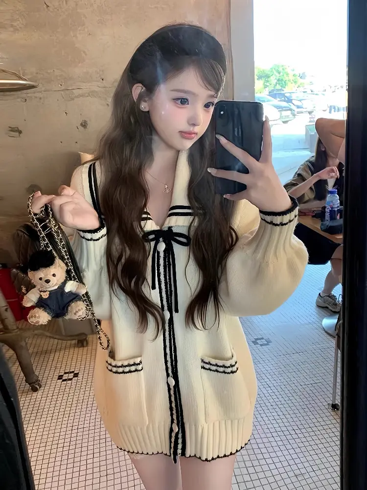 컬러 배색 폴드 칼라 니트 카디건 상세 이미지 1