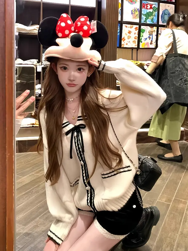 컬러 배색 폴드 칼라 니트 카디건 상세 이미지 2