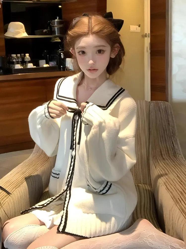 컬러 배색 폴드 칼라 니트 카디건 상세 이미지 3