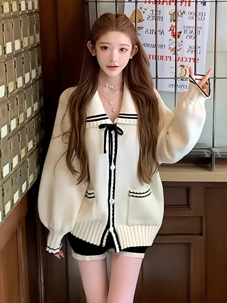 컬러 배색 폴드 칼라 니트 카디건 상세 이미지 4