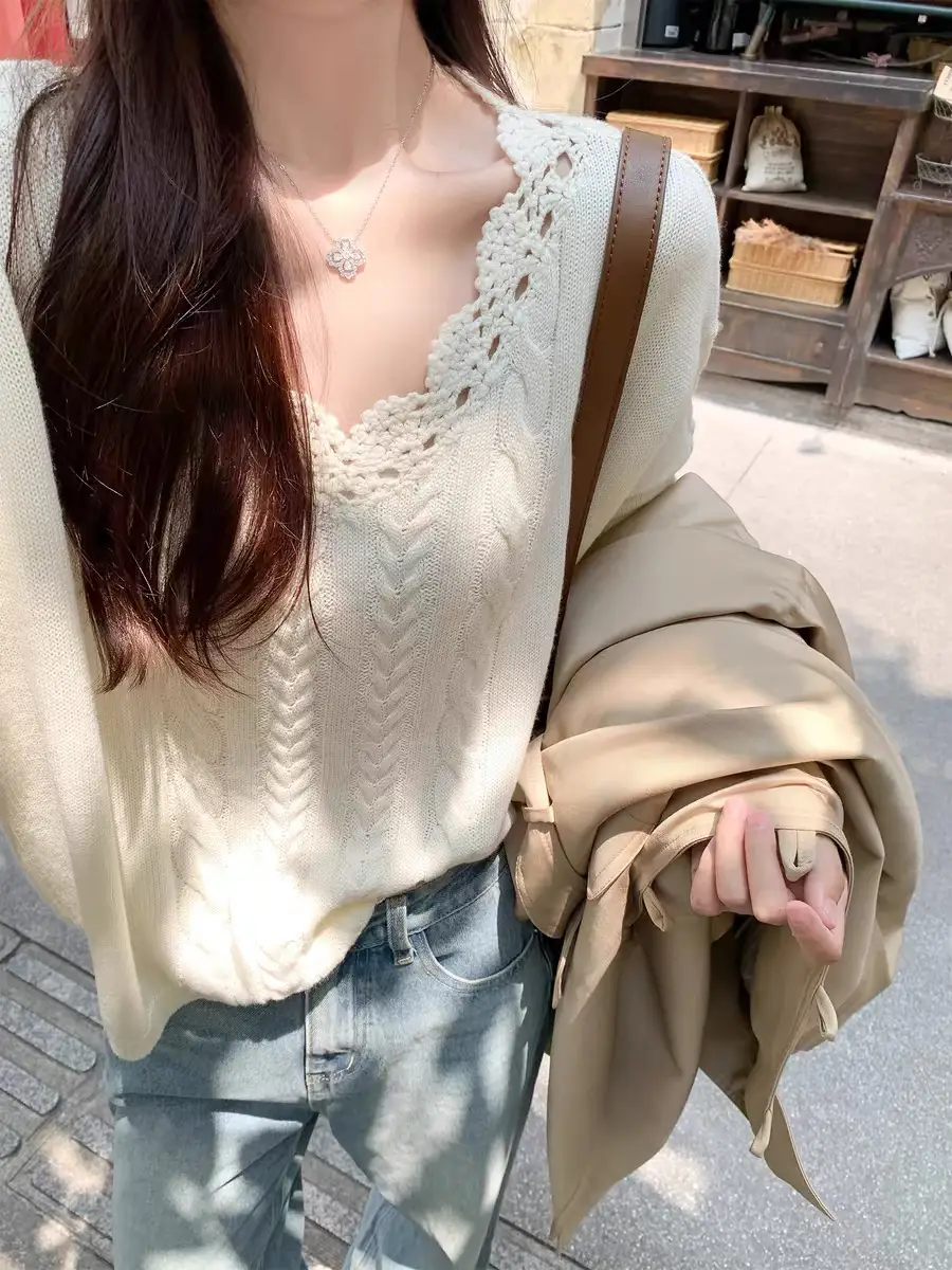 V넥 케이블 니트 상세 이미지 1
