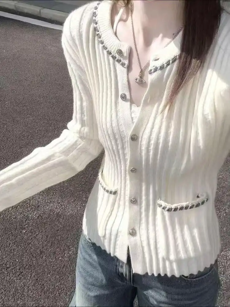 샤넬 스타일 라운드넥 긴소매 니트 카디건 상세 이미지 4