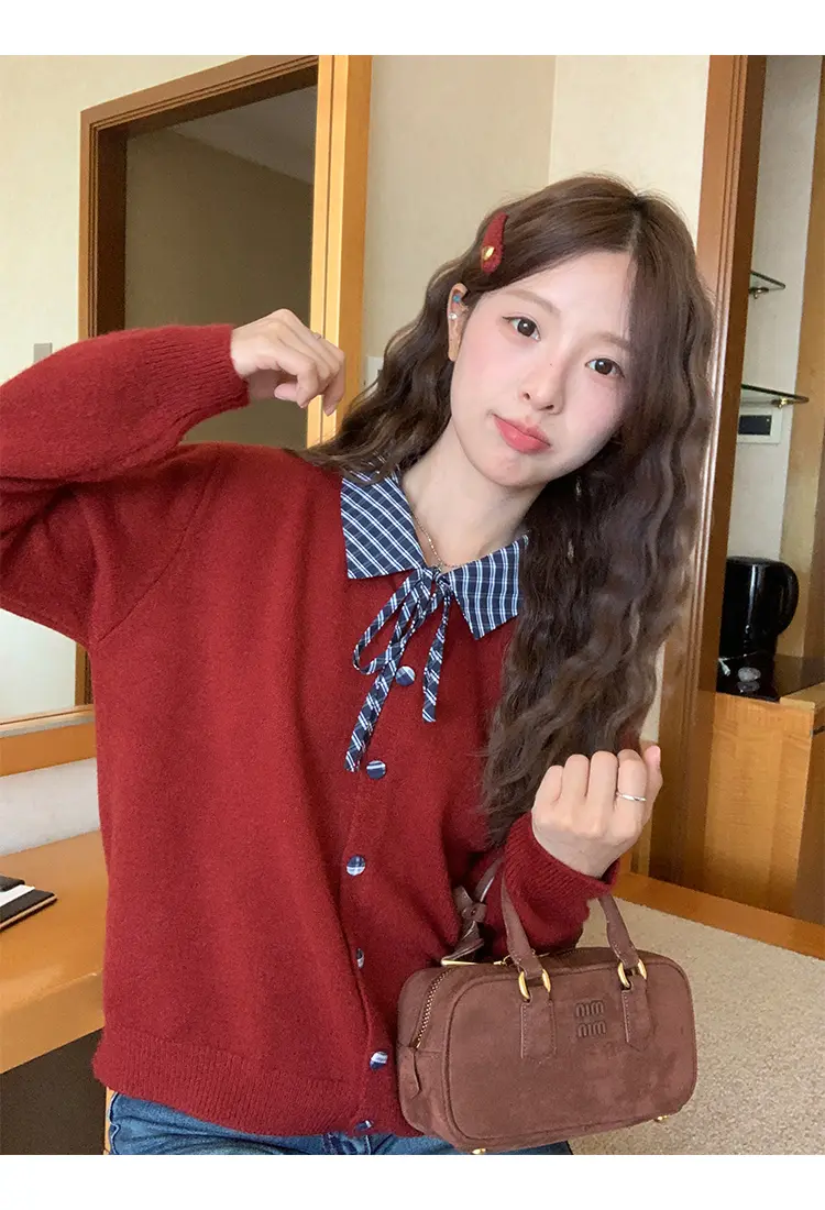체크 무늬 폴로 칼라 니트 카디건 상세 이미지 1
