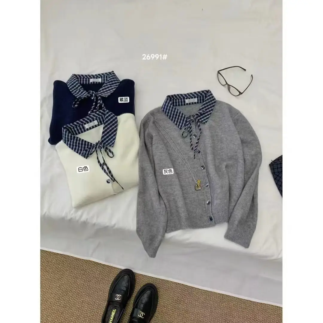 체크 무늬 폴로 칼라 니트 카디건 상세 이미지 2