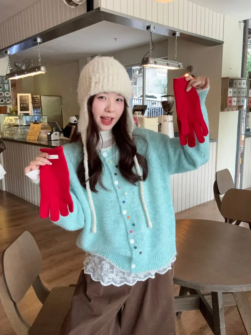컬러 버튼 배색 롱소매 니트 카디건 상세 이미지 1