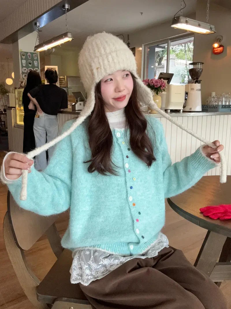 컬러 버튼 배색 롱소매 니트 카디건 상세 이미지 5