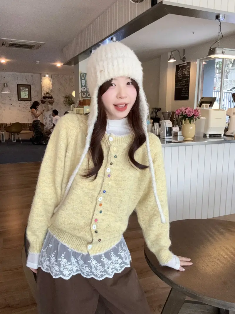 컬러 버튼 배색 롱소매 니트 카디건 상세 이미지 21