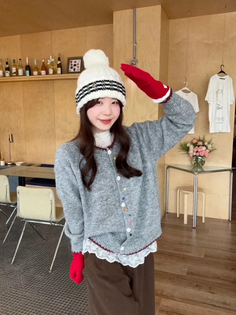 컬러 버튼 배색 롱소매 니트 카디건 상세 이미지 22