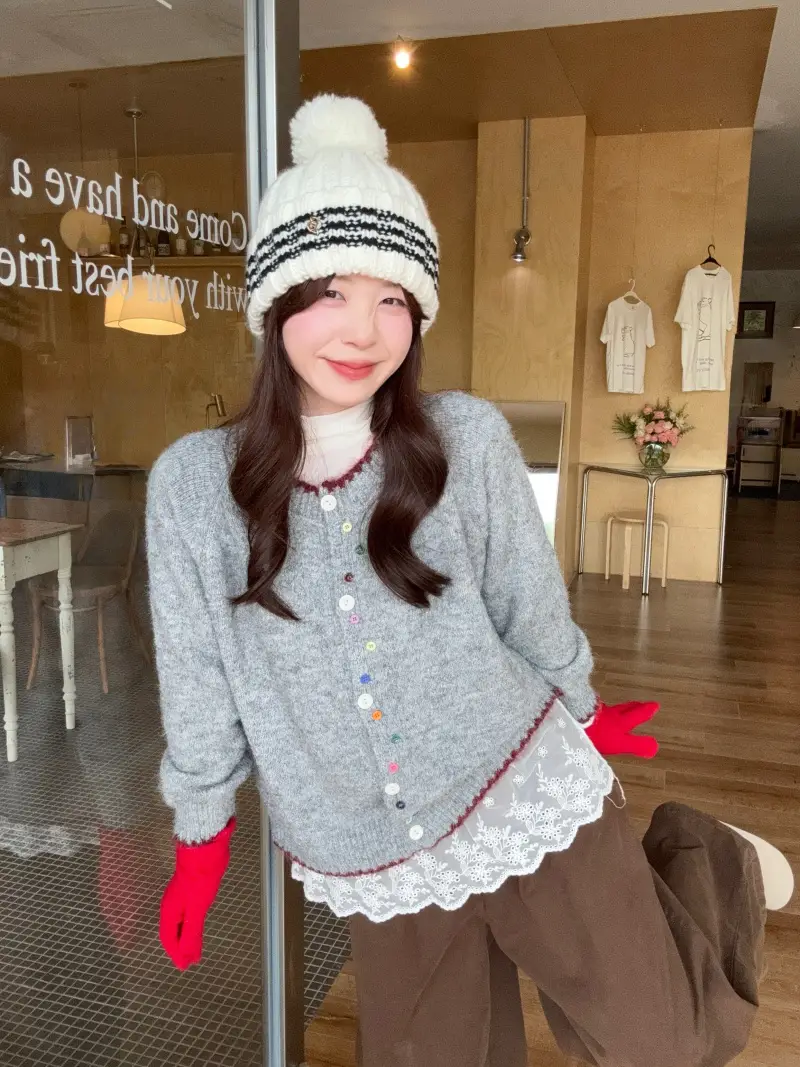 컬러 버튼 배색 롱소매 니트 카디건 상세 이미지 24