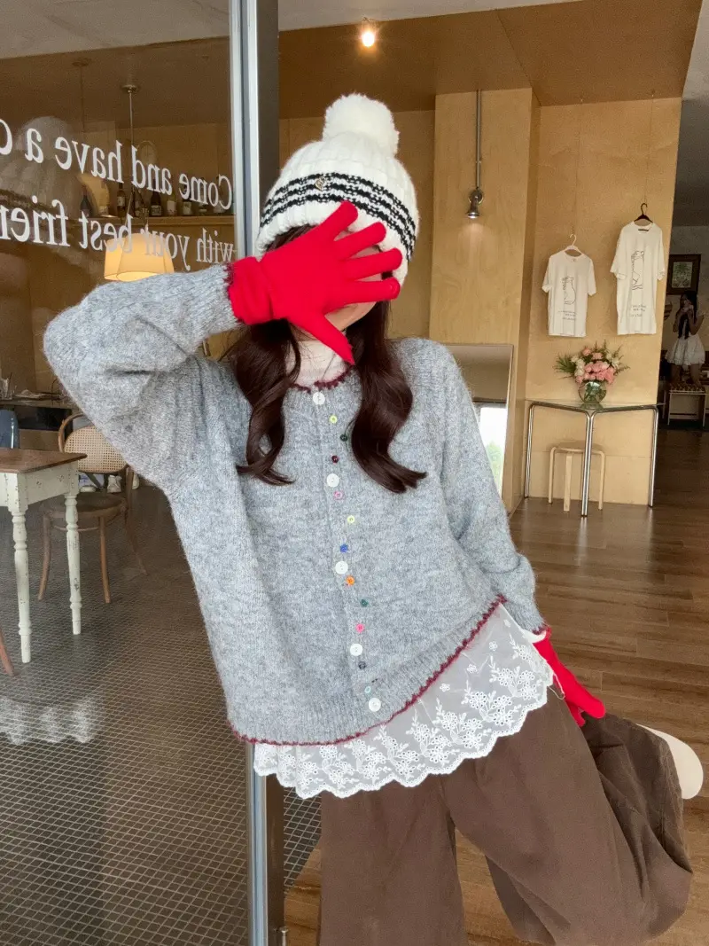 컬러 버튼 배색 롱소매 니트 카디건 상세 이미지 26
