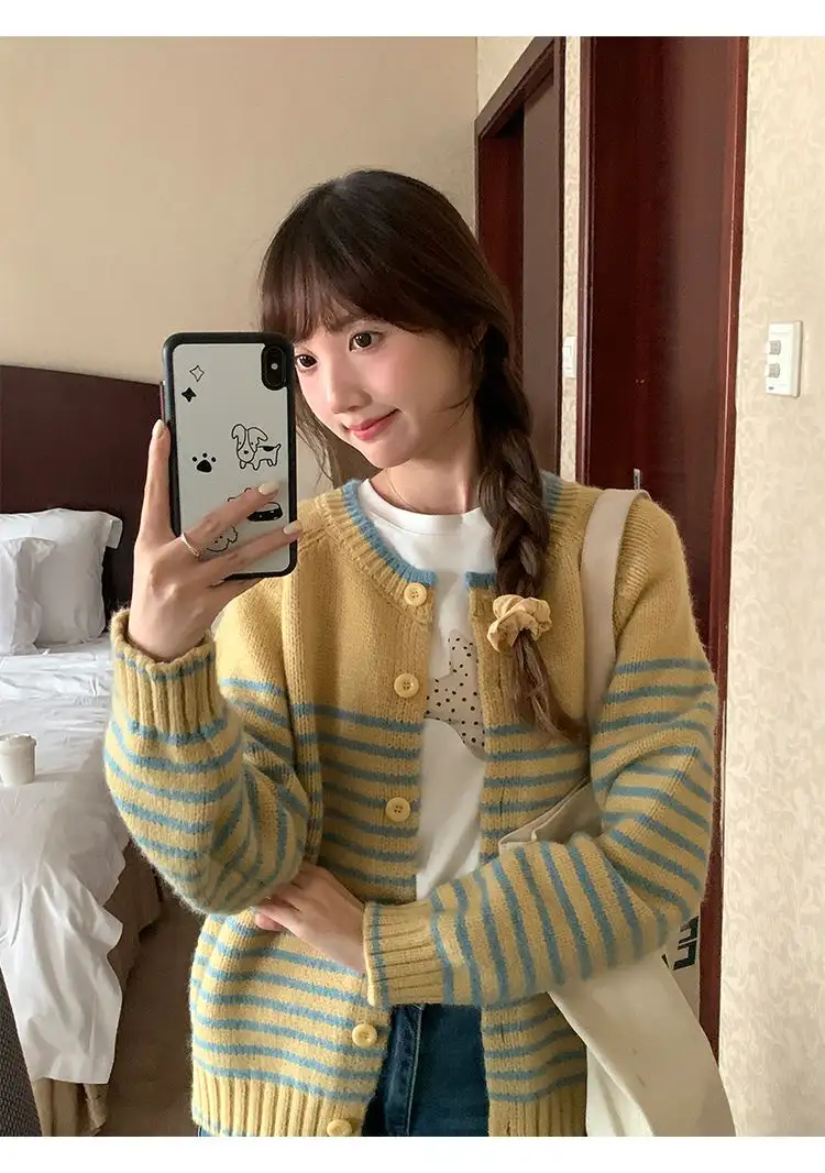 한국인기 레트로 스트라이프 루즈핏 니트 가디건 상세 이미지 8