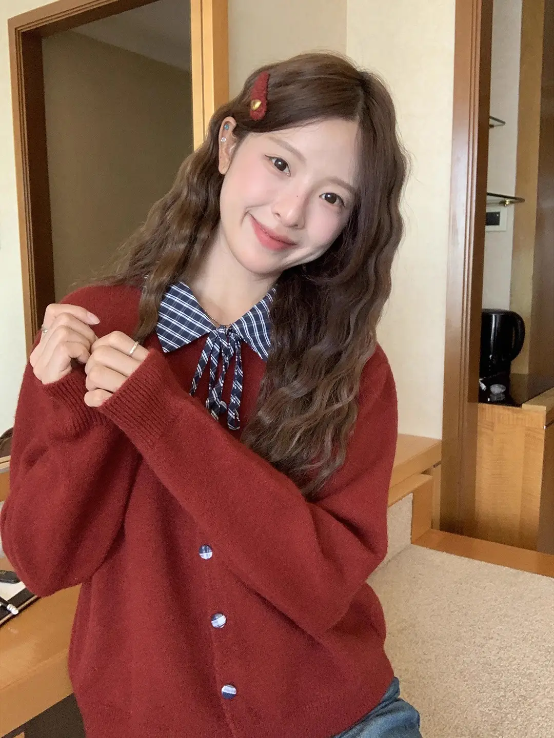 셔츠 칼라 끈 장식 니트 가디건 상세 이미지 1