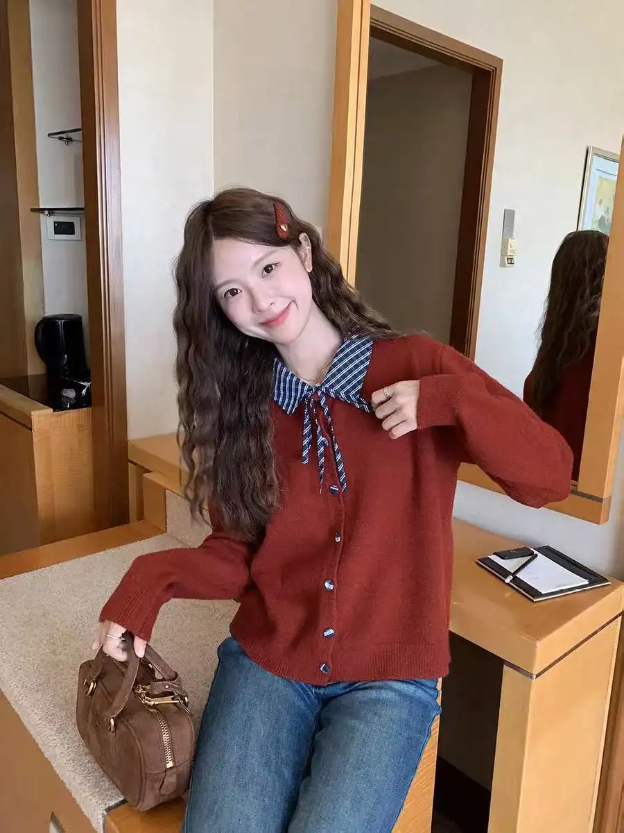 셔츠 칼라 끈 장식 니트 가디건 상세 이미지 2