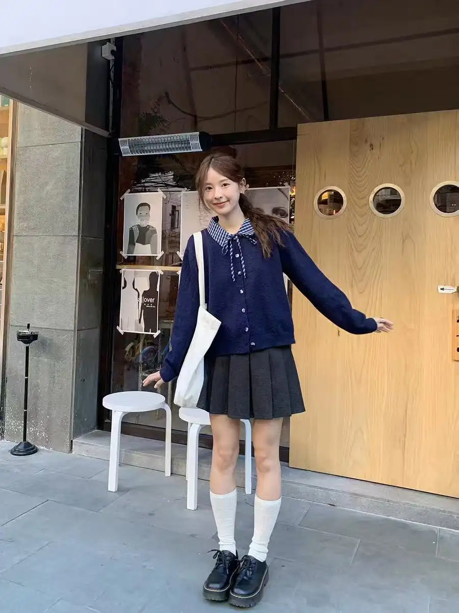 셔츠 칼라 끈 장식 니트 가디건 상세 이미지 3