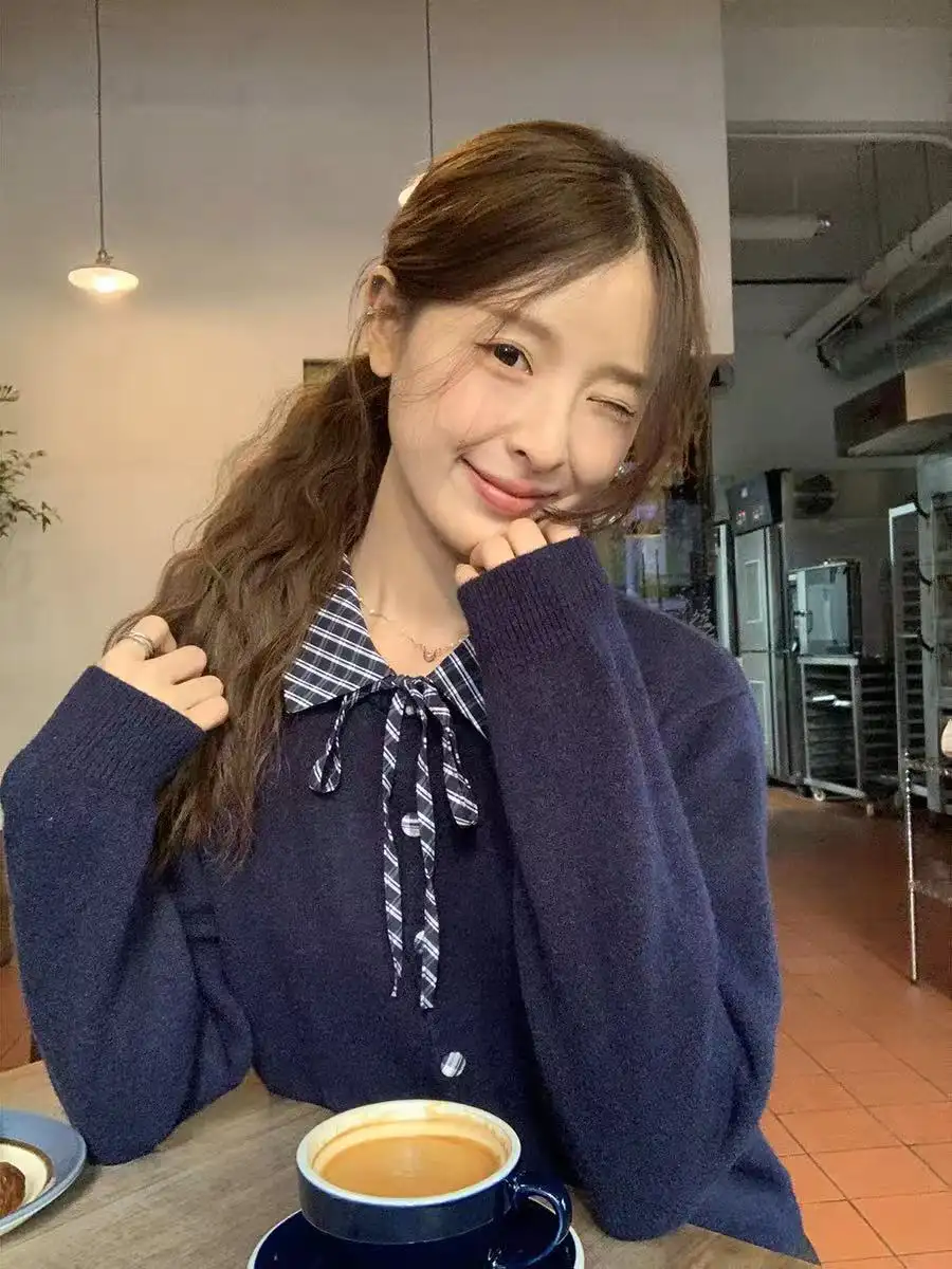 셔츠 칼라 끈 장식 니트 가디건 상세 이미지 4