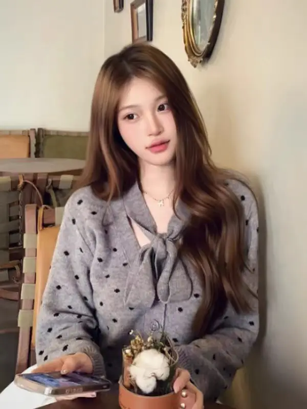 프렌치 도트 리본 타이 가디건 상세 이미지 2
