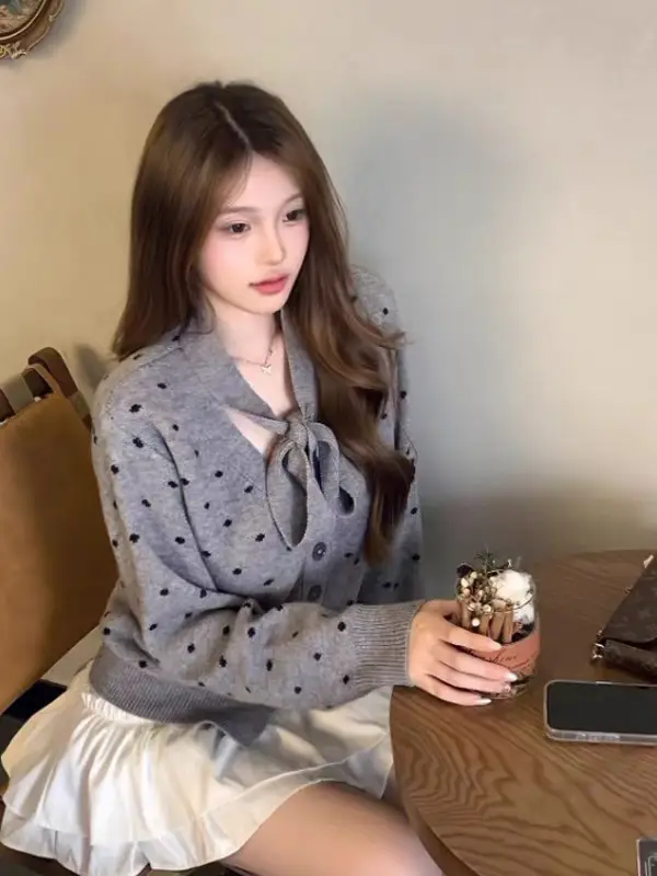 프렌치 도트 리본 타이 가디건 상세 이미지 3