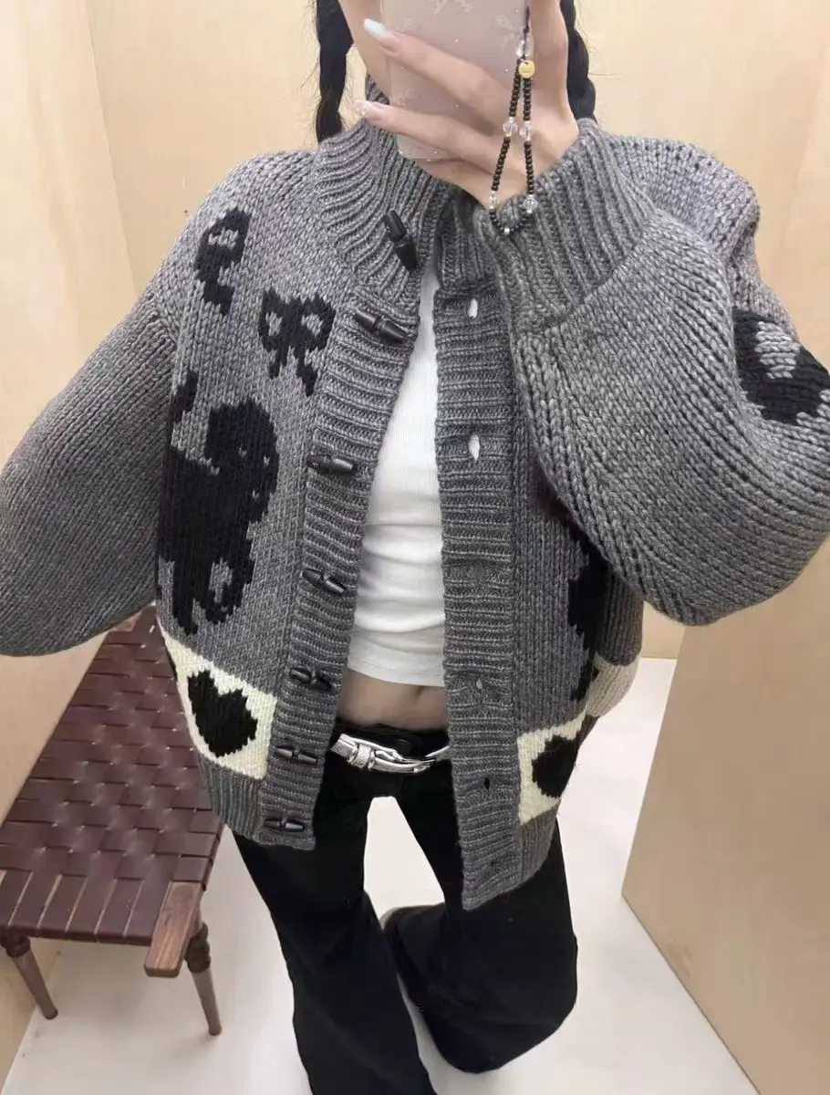 샤넬풍 패턴 스탠드 칼라 가디건 상세 이미지 3