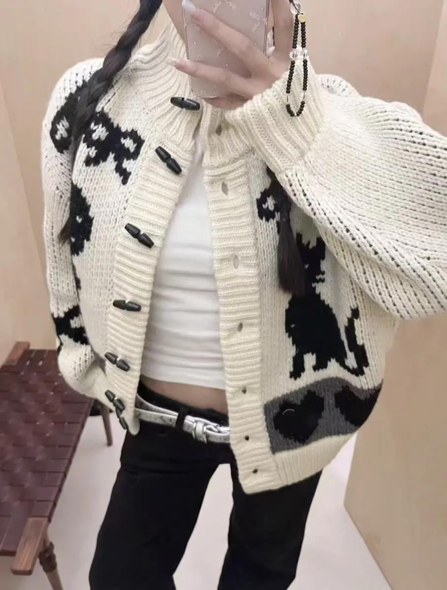 샤넬풍 패턴 스탠드 칼라 가디건 상세 이미지 4