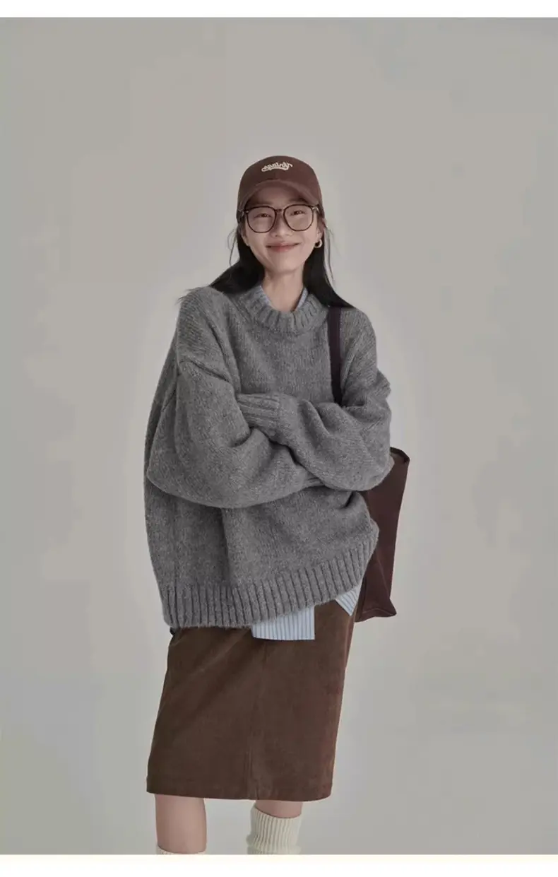 일본풍 빈티지 라운드넥 루즈 니트 상세 이미지 1