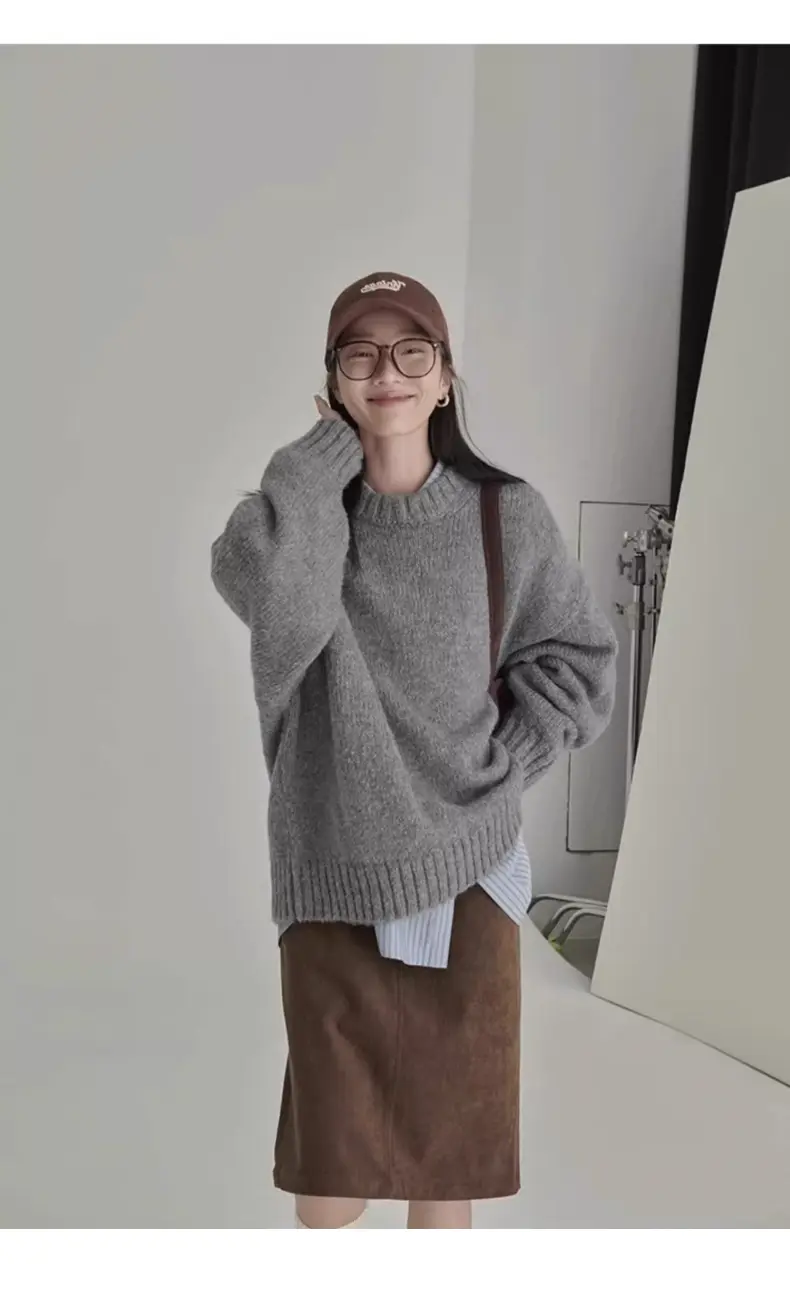 일본풍 빈티지 라운드넥 루즈 니트 상세 이미지 5