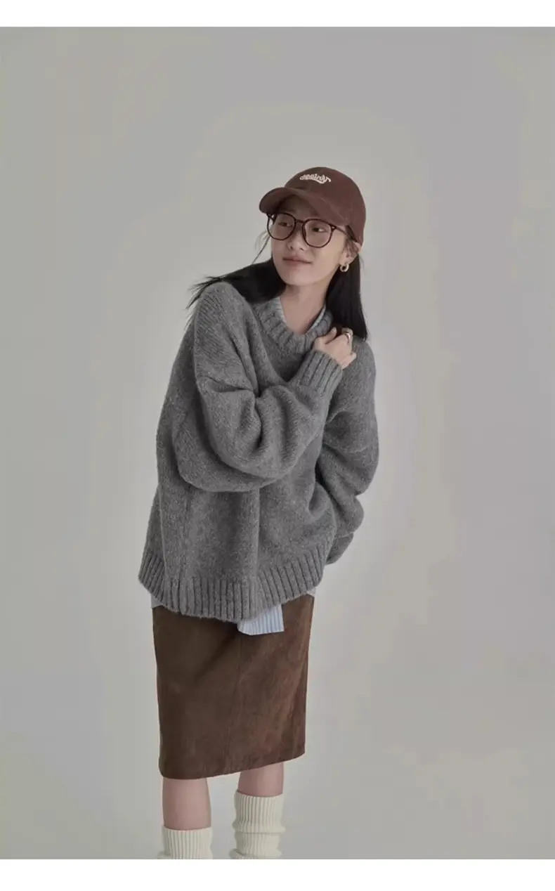 일본풍 빈티지 라운드넥 루즈 니트 상세 이미지 8