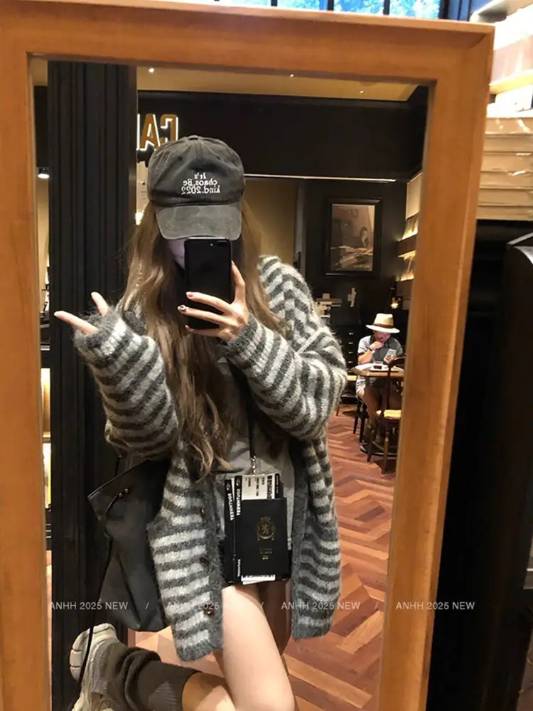 한국인기 루즈핏 스트라이프 후드 가디건 상세 이미지 2