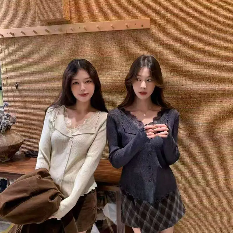 프릴 폴드 칼라 레이스 매치 니트 가디건 상세 이미지 4