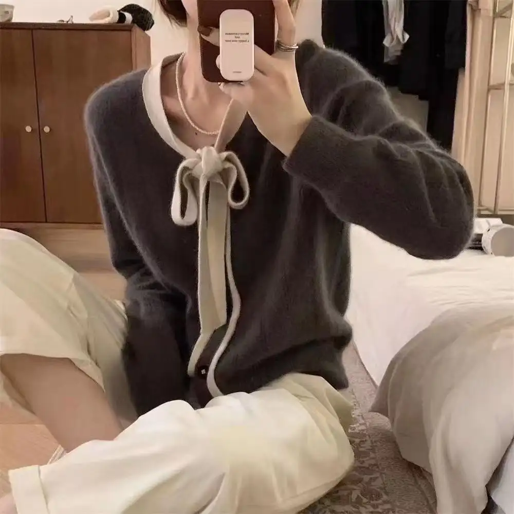 나비 리본 V넥 니트 가디건 상세 이미지 2