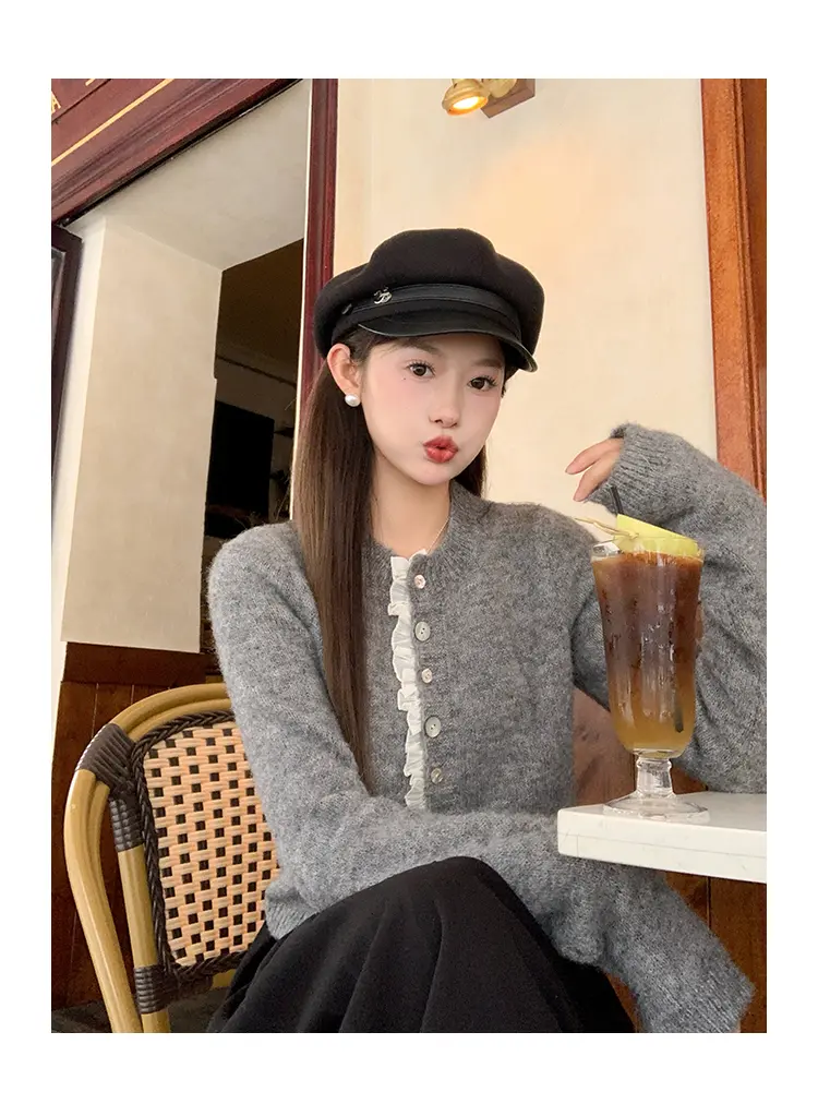 한국인기 그레이 크롭 라운드넥 가디건 상세 이미지 6