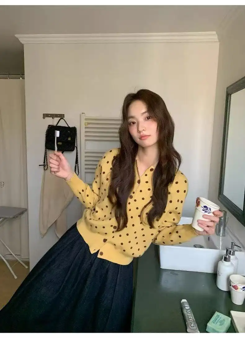 도트 배색 가디건 상세 이미지 1