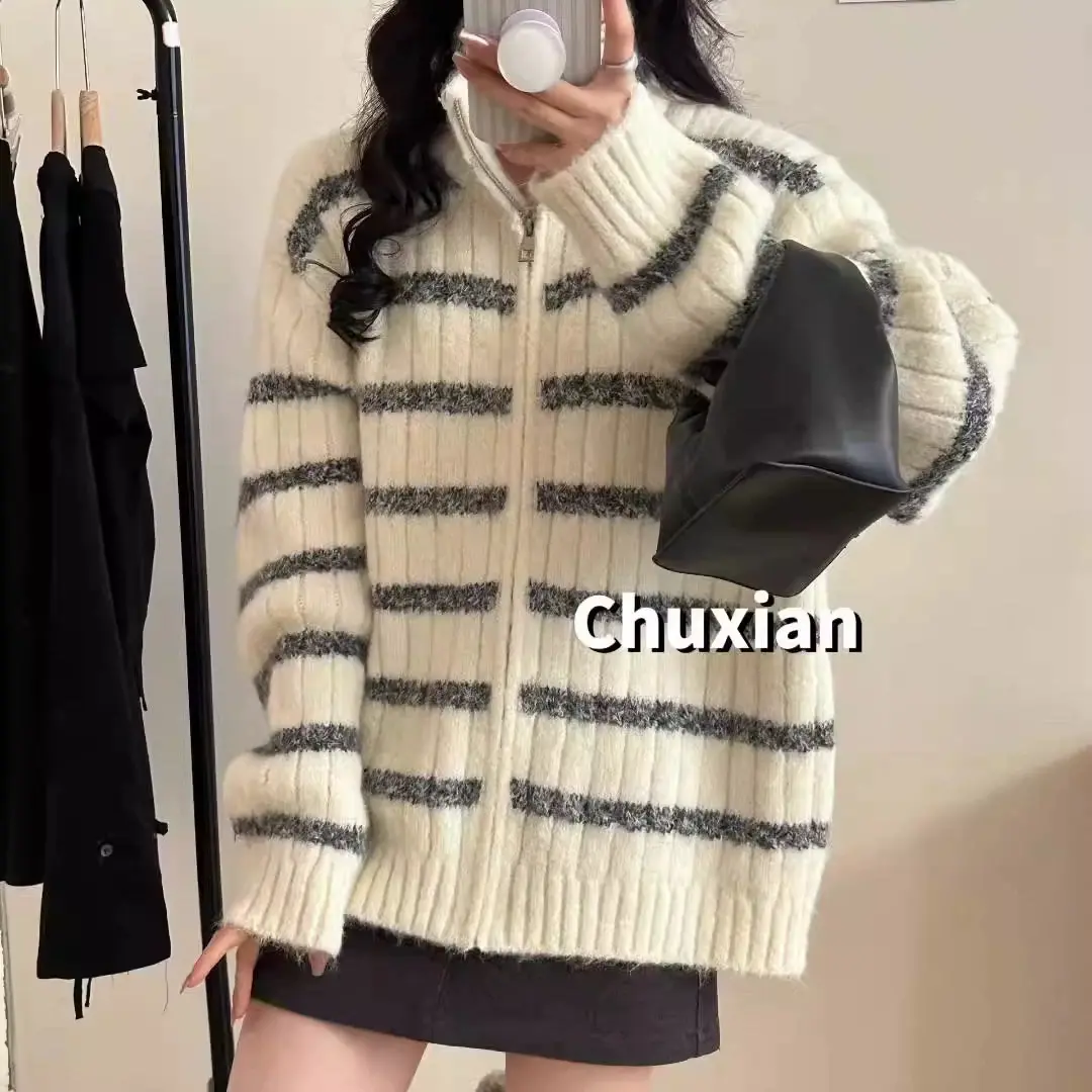 레트로 루즈핏 스트라이프 가디건 상세 이미지 4