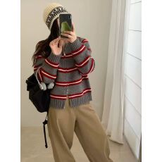 批发韩版条纹拉链针织外套2025秋季新款外穿拼色<b class='q'>毛衣</b>长袖<b class='q'>短款</b>撞色上衣