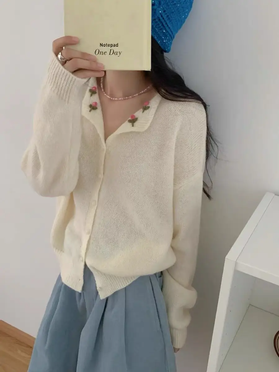 플라워 자수 폴드 칼라 가디건 상세 이미지 3