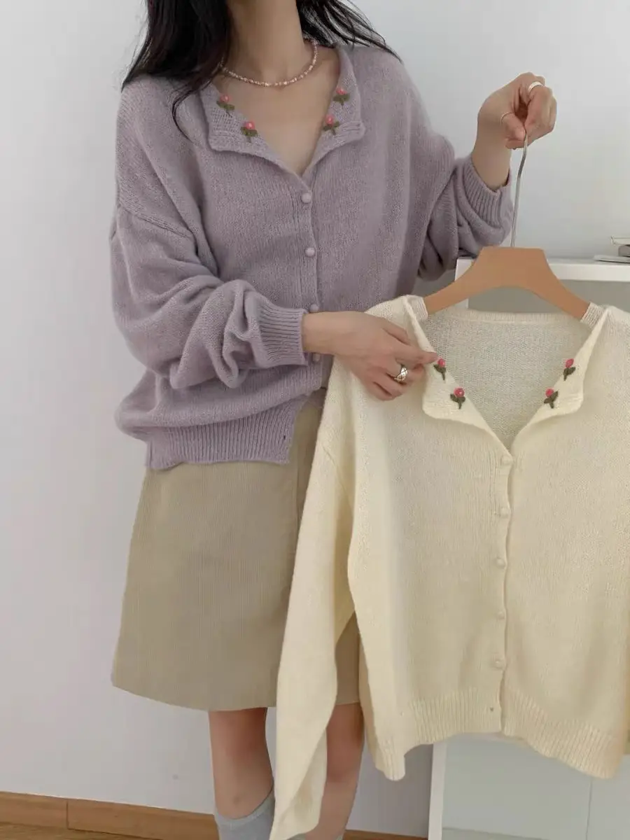 플라워 자수 폴드 칼라 가디건 상세 이미지 4