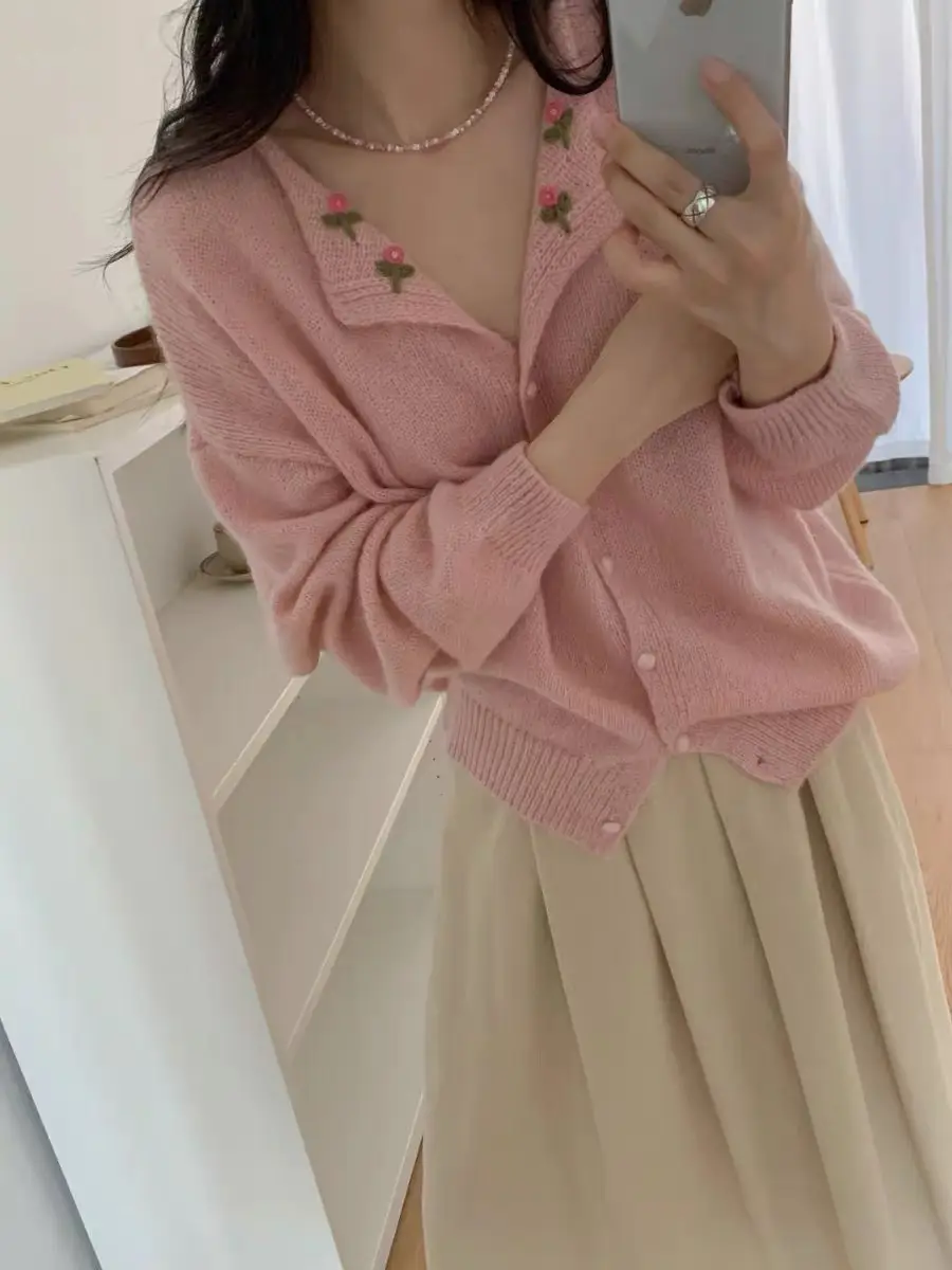 플라워 자수 폴드 칼라 가디건 상세 이미지 6