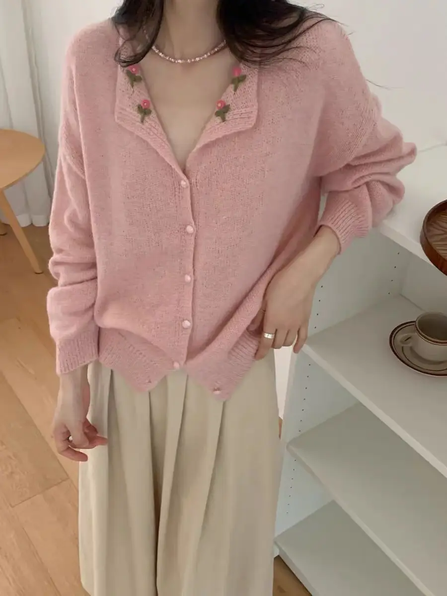 플라워 자수 폴드 칼라 가디건 상세 이미지 7
