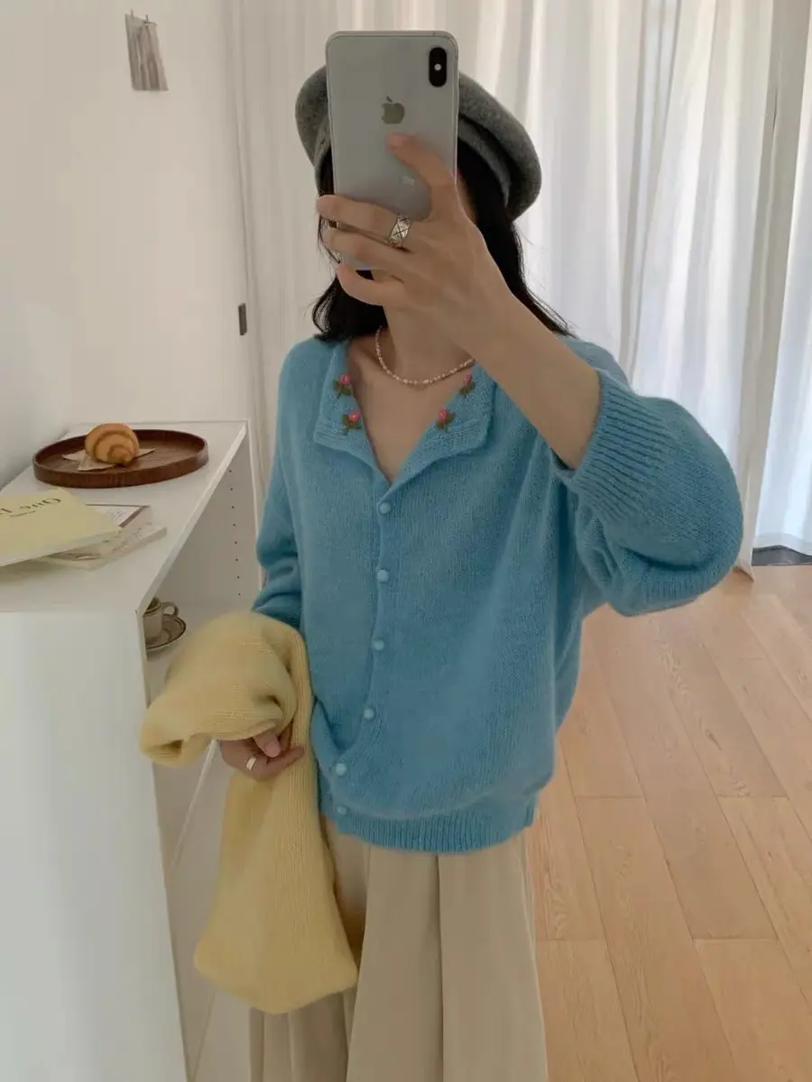 플라워 자수 폴드 칼라 가디건 상세 이미지 9