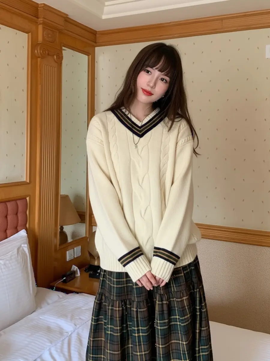 V넥 케이블 니트 상세 이미지 1