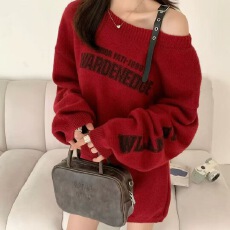 批发美式斜肩字母针织<b class='q'>套装</b>女秋冬新款宽松慵懒风套头毛衣半身裙两件套